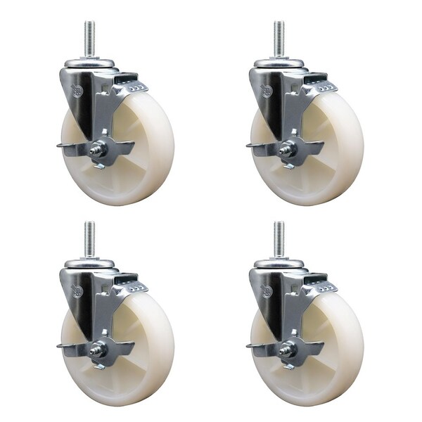 5 Inch Nylon Wheel Swivel 58 Inch Threaded Stem Caster Set with Brake SCC